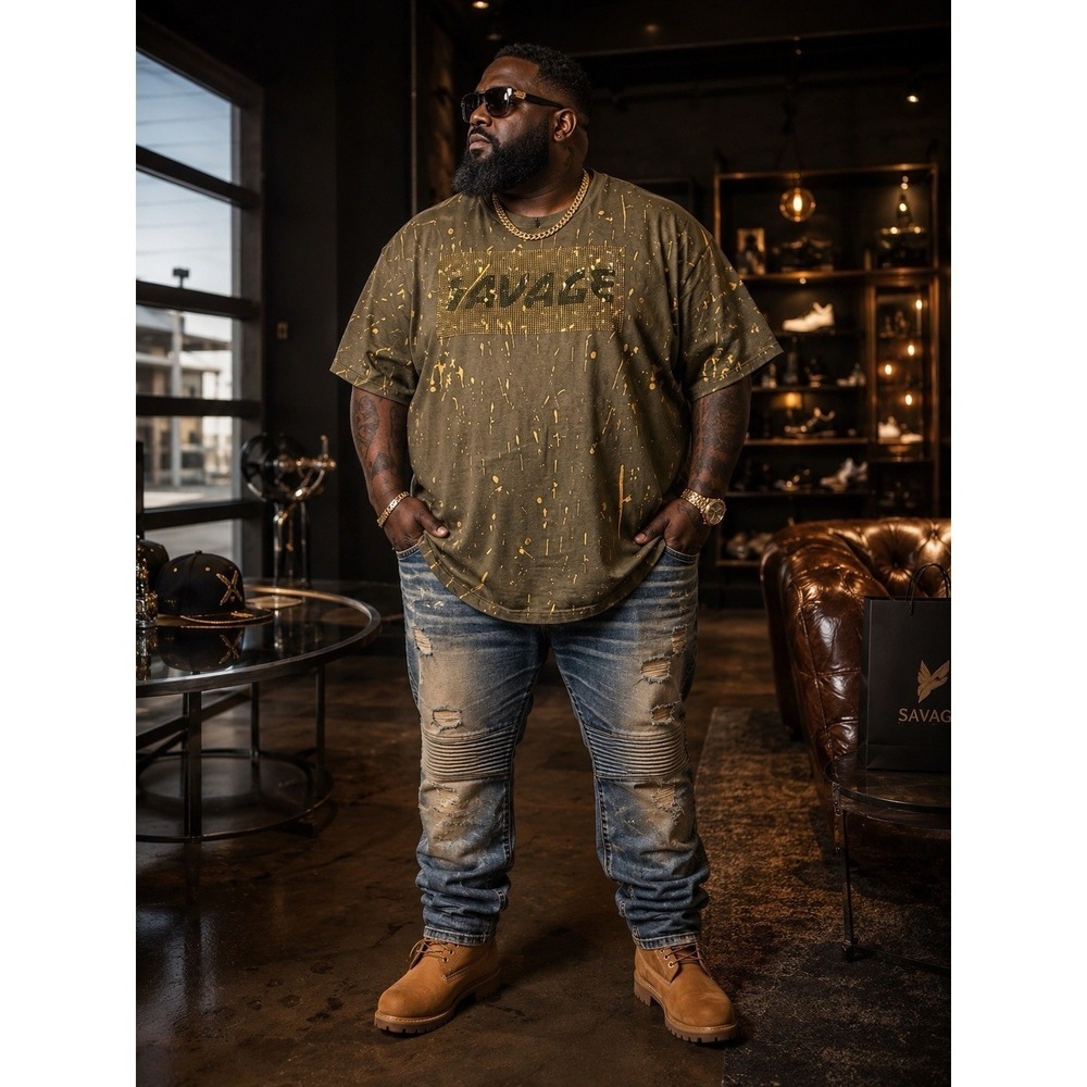 Makobi Savage Men Rhinestone T-Shirt Olive Gold Paint Splatter Streetwear 4XB